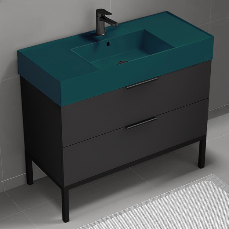 Nameeks DERIN317 Green Sink Bathroom Vanity, 40 Inch, Floor Standing, Modern, Matte Black